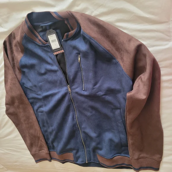 BEN SHERMAN Faux Suede Bomber Jacket Navy and Brown  Size: XL - Picture 3 of 7